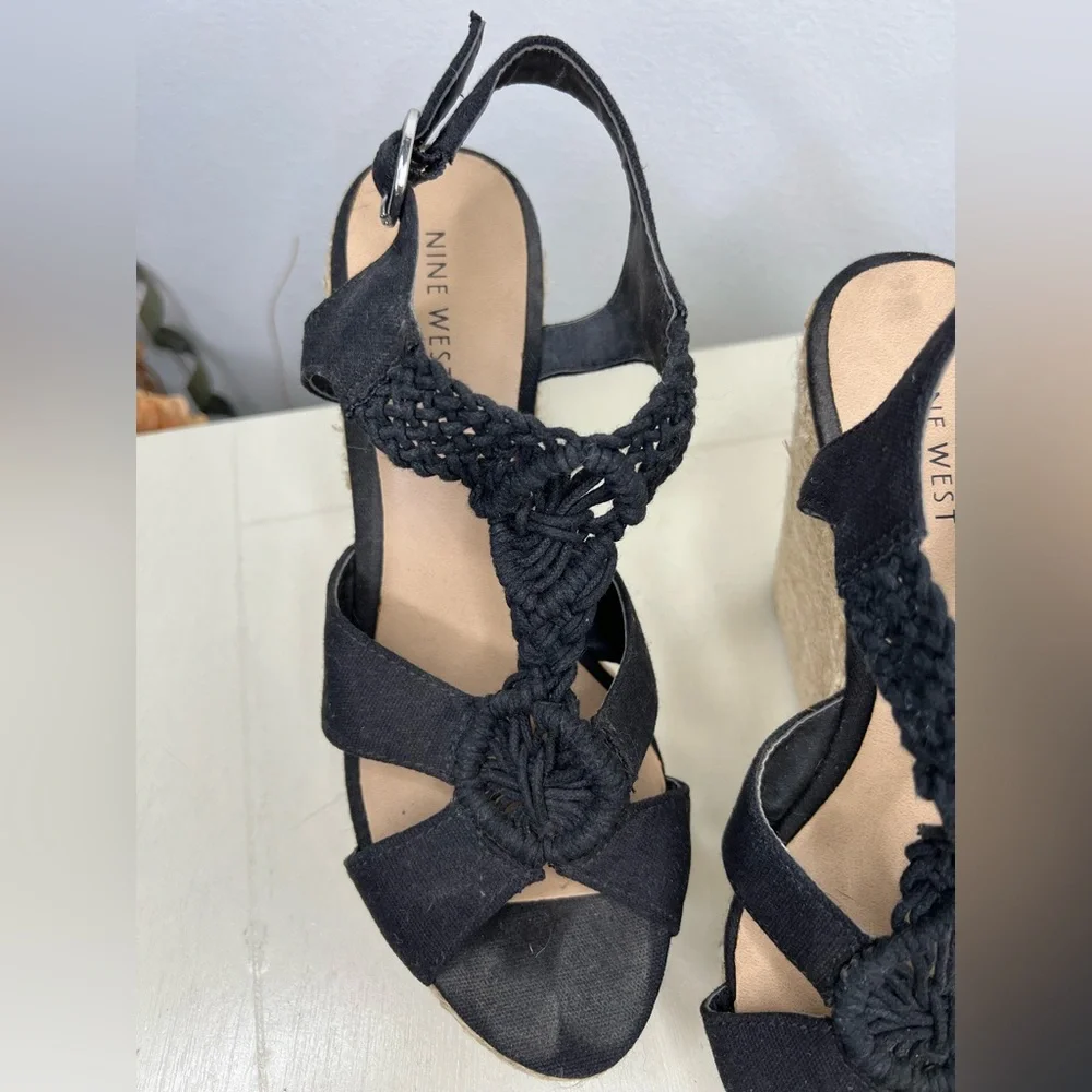Nine West MAXIE3Y Black Canvas Espadrille Wedge Sandals